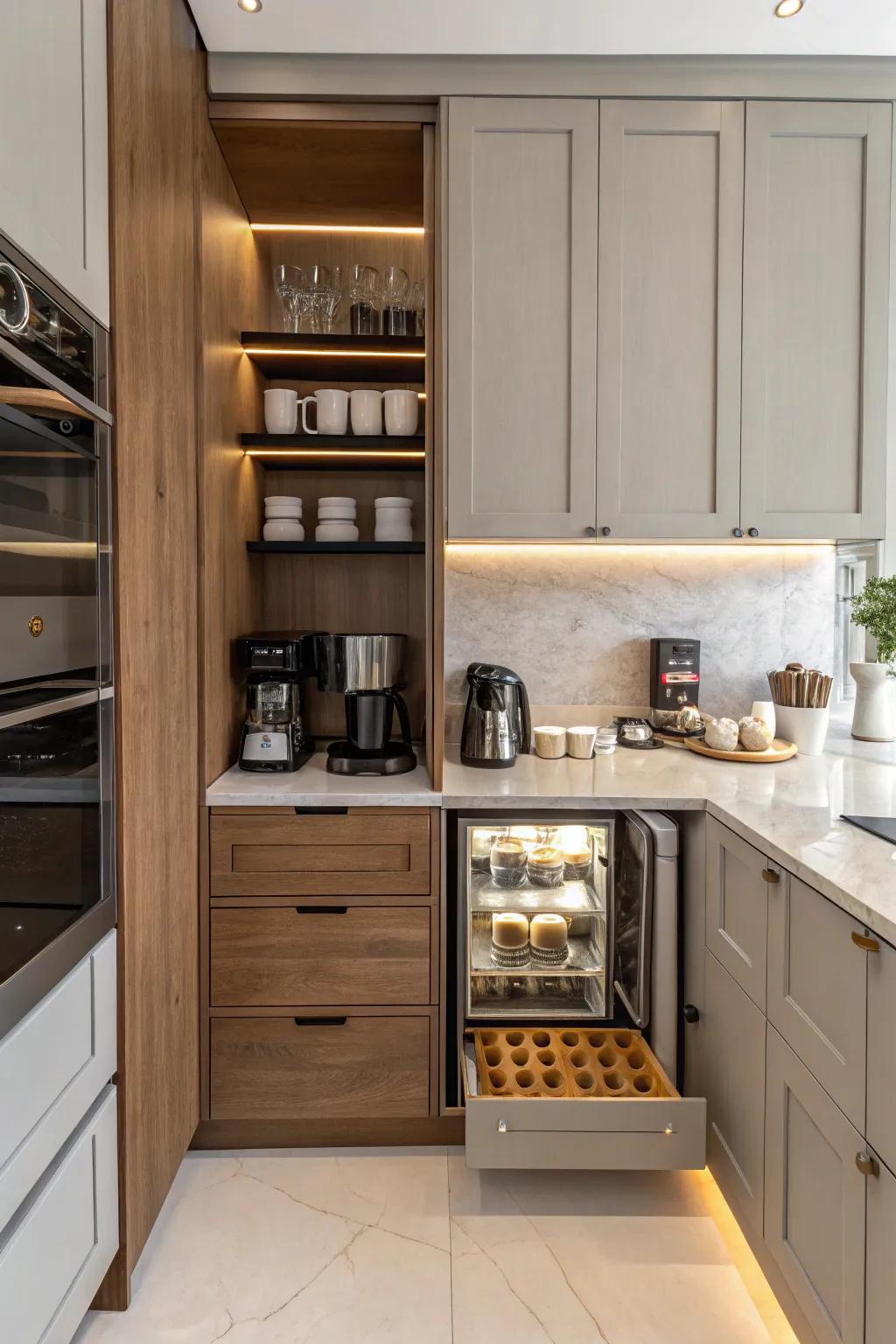 A built-in coffee station offers convenience and style.