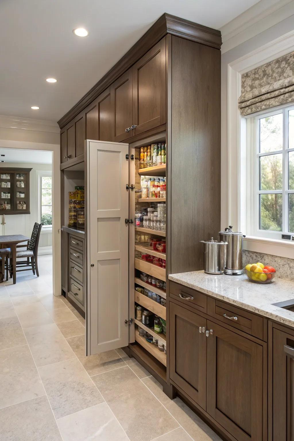 Hidden pantries provide discreet storage and maintain a clean kitchen look.