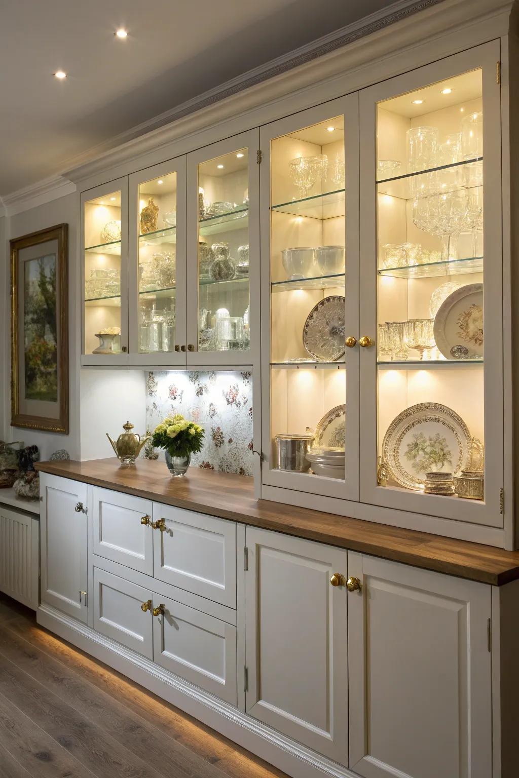 Glass cabinet lighting elegantly highlights kitchenware.