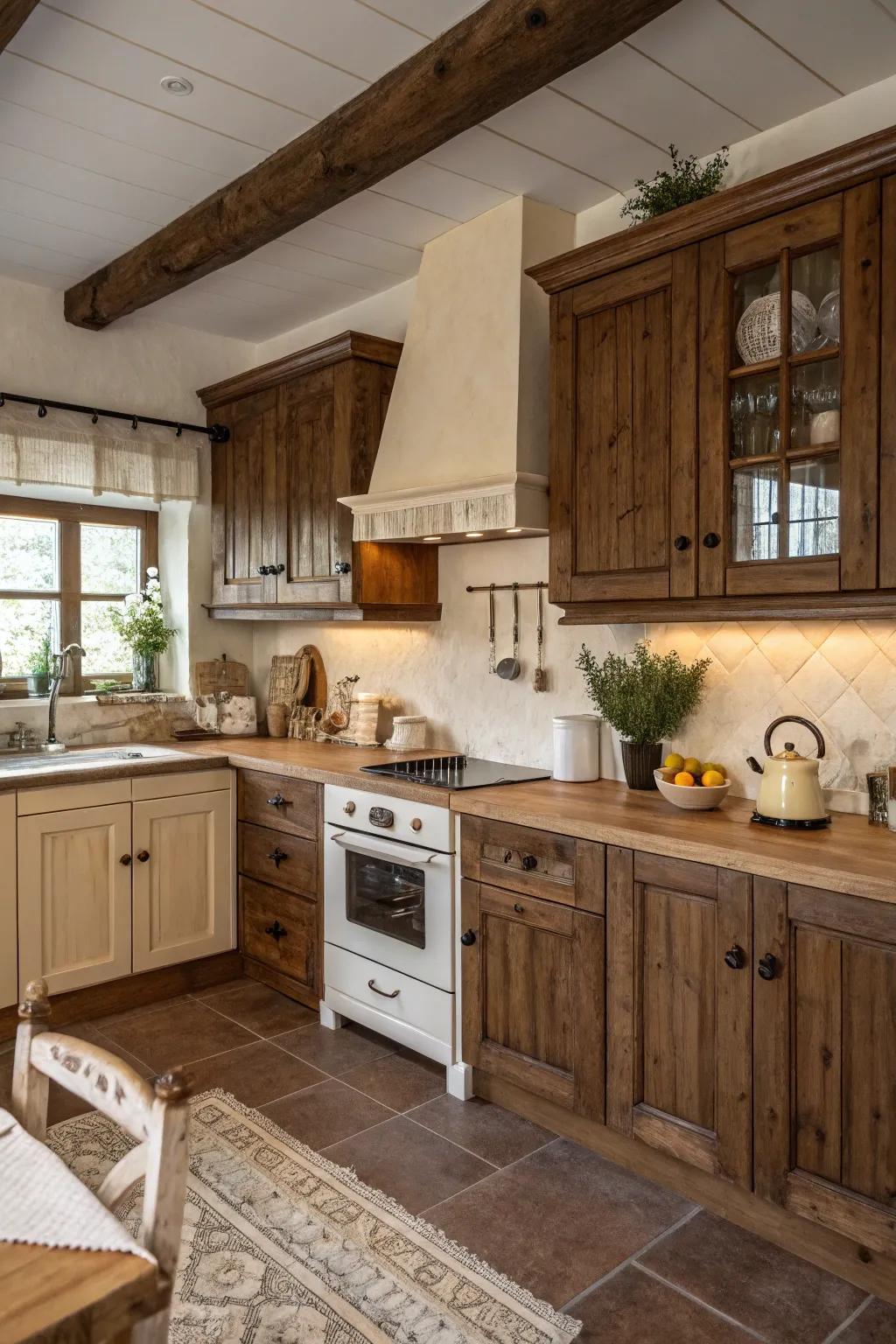 Rustic brown and cream create a warm, inviting farmhouse kitchen.