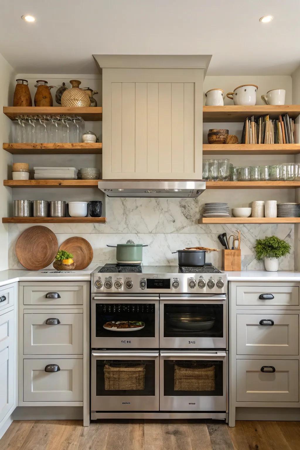 Double ovens flanked by open shelves, blending practicality with style.