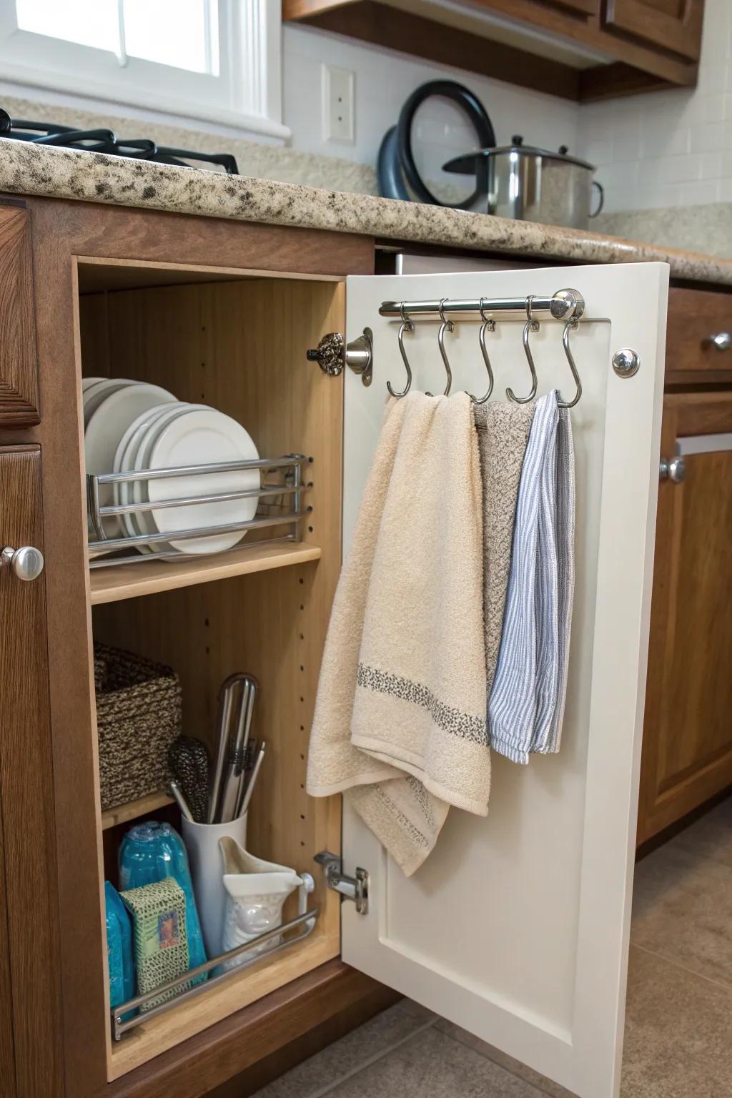 Towel racks with hooks enhance storage and accessibility.