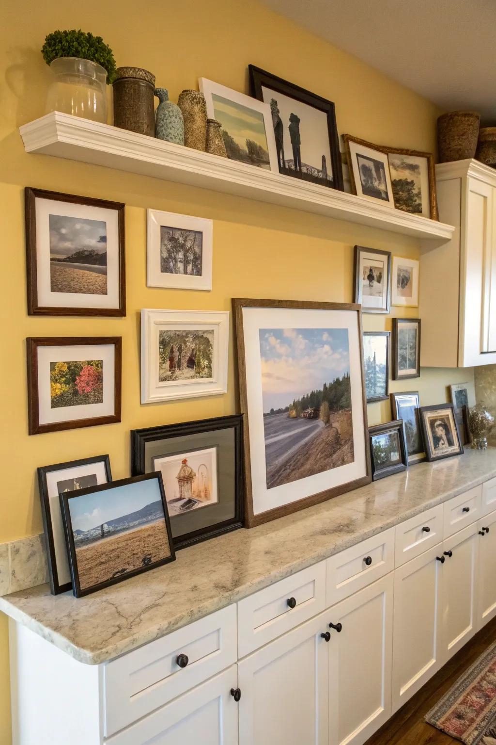 A photo ledge allows for easy updates to kitchen decor.