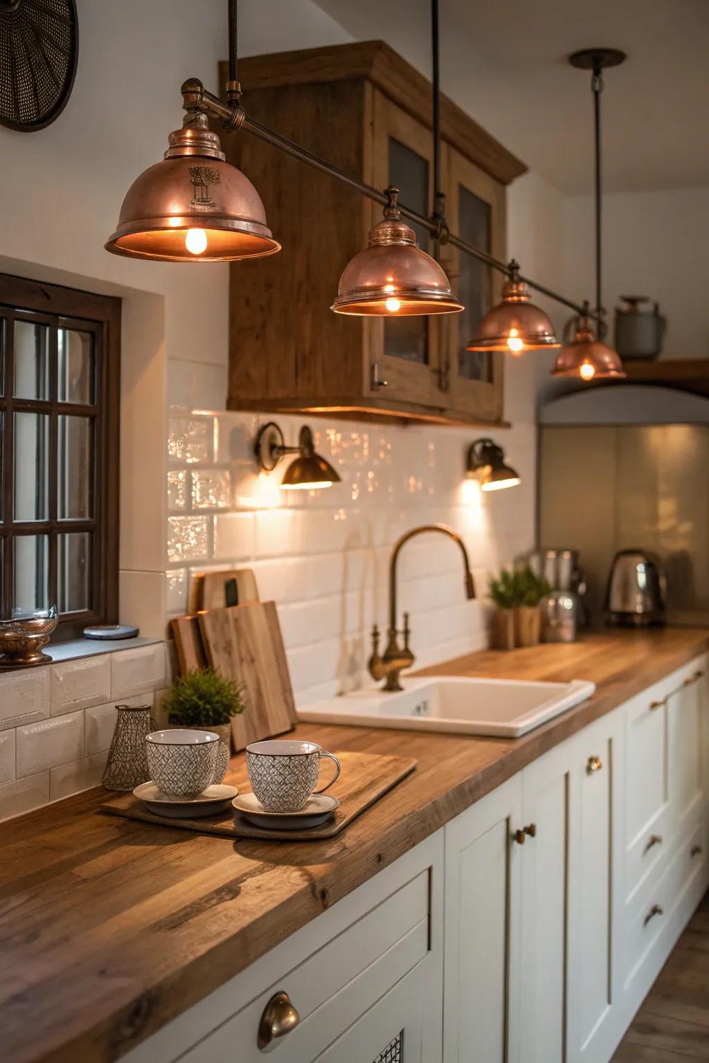 Copper sconces provide a warm, inviting glow to kitchen spaces.