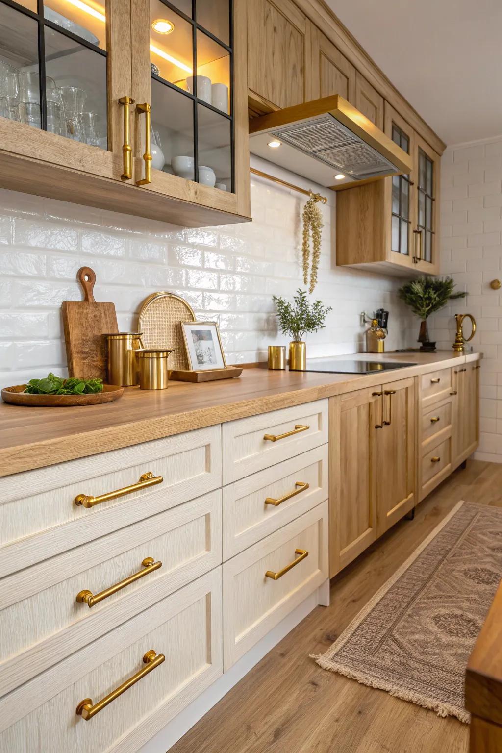 Gold hardware combined with natural wood creates a warm and inviting kitchen atmosphere.