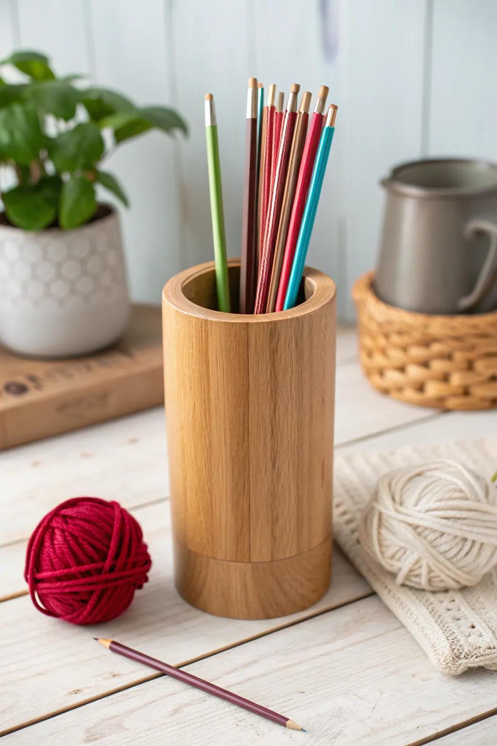 Elevate your knitting space with a touch of rustic elegance. Discover the charm of a wooden utensil holder for your needles.
