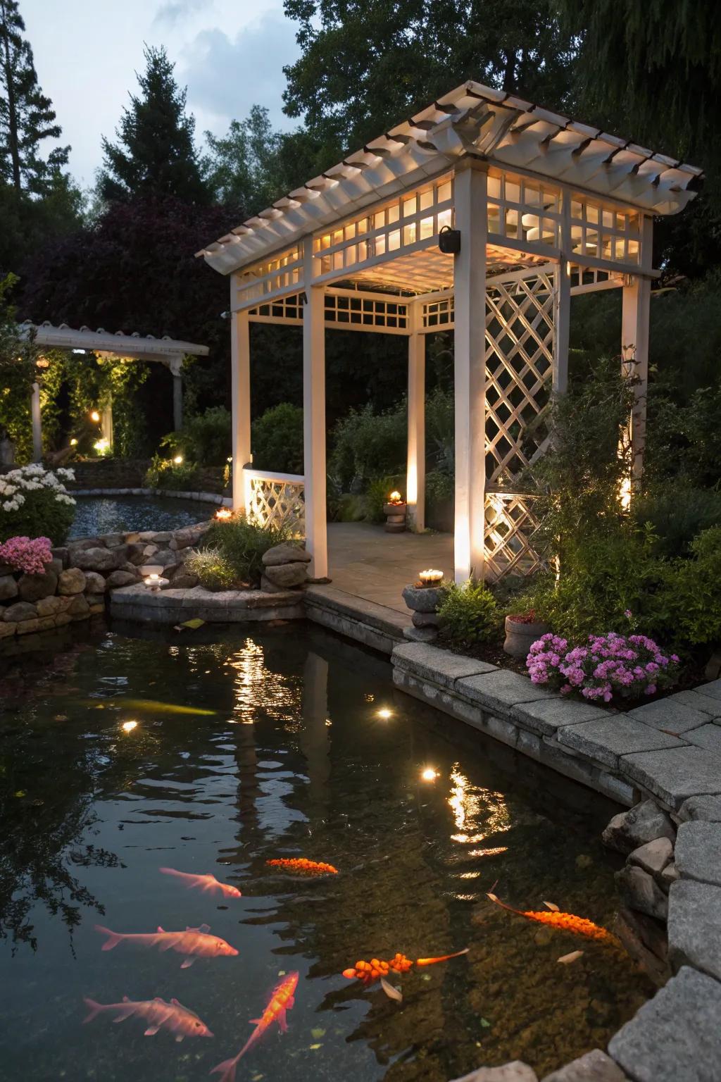 A softly lit pergola provides a cozy overhead glow near the pond.