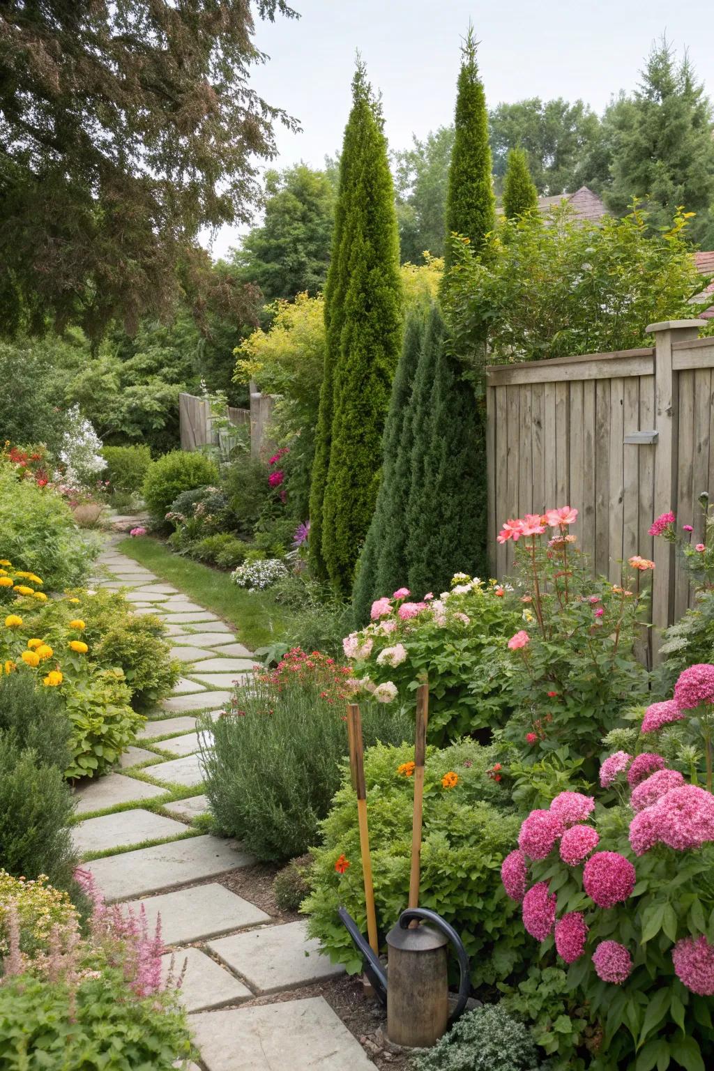 Arborvitae paired with seasonal plants for a dynamic garden.