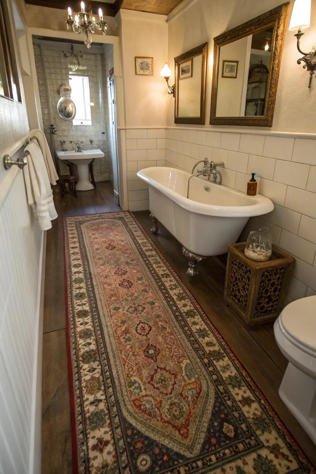 Vintage runners add charm and elongate narrow bathroom spaces.