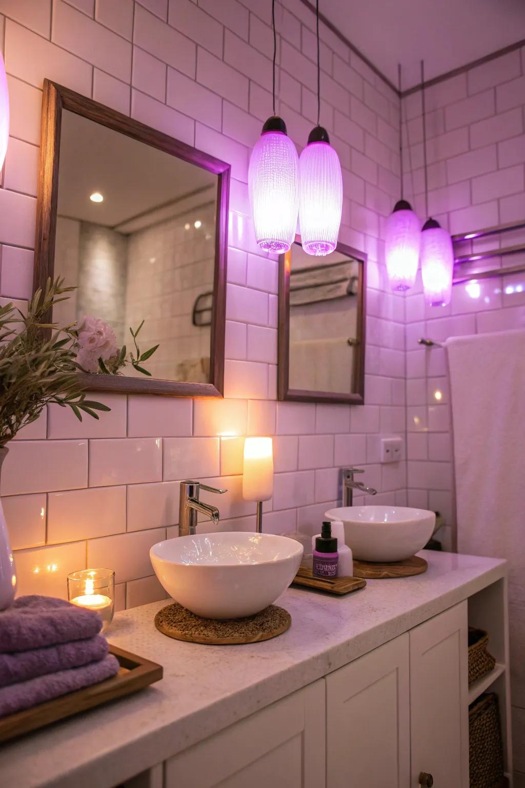 Lavender lighting casts a calming glow throughout the bathroom.