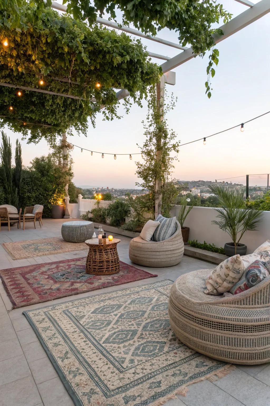 Layered rugs can bring indoor comfort to outdoor spaces.