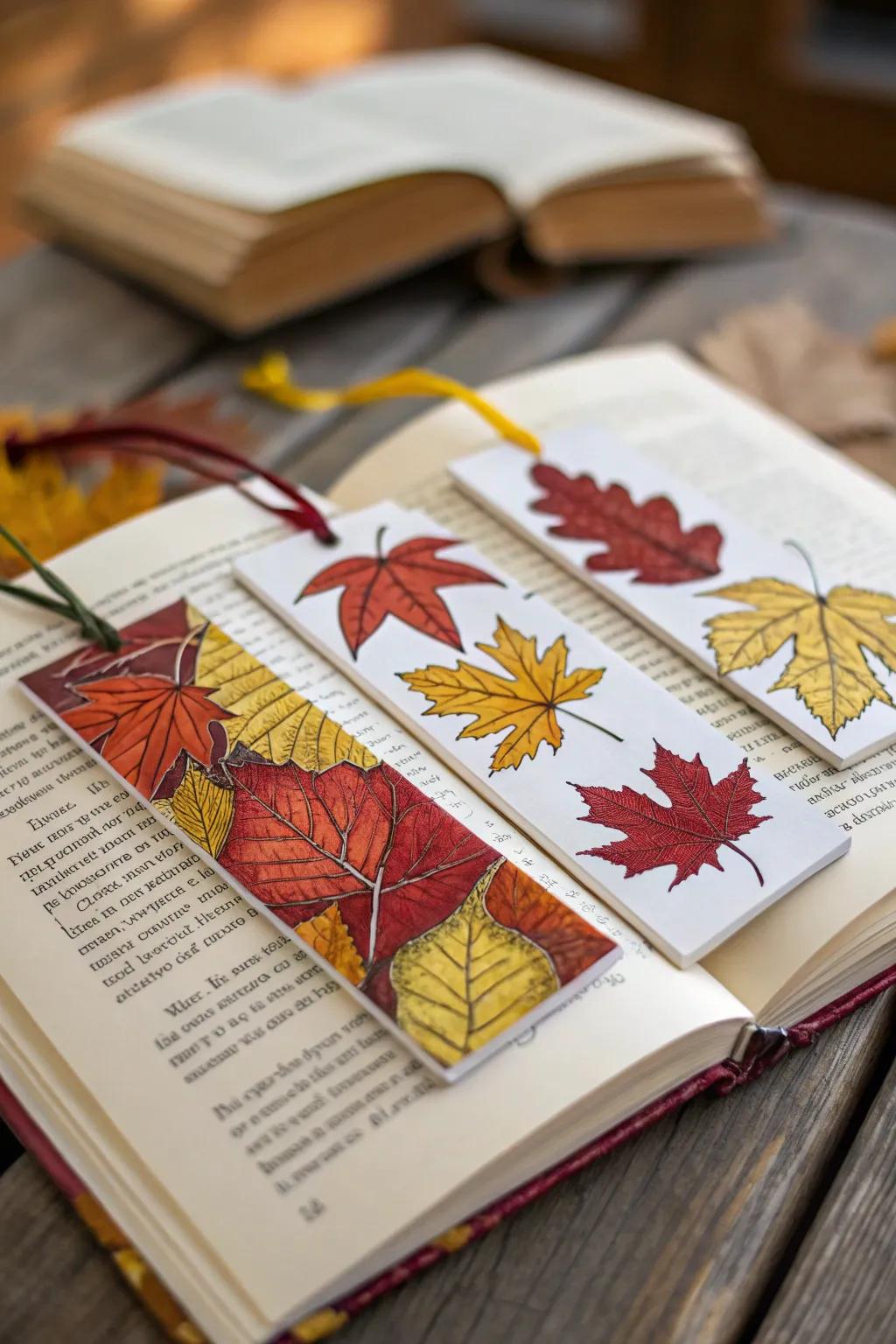 Leaf bookmarks capturing the essence of fall in every read.