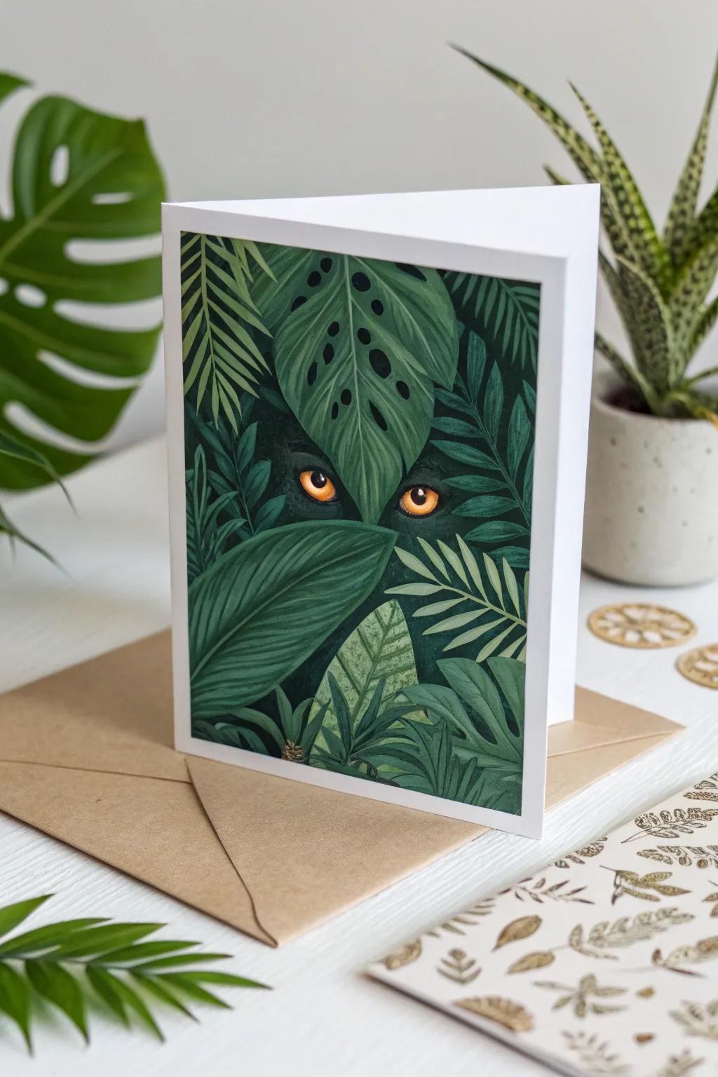Illuminate your adventures with this Jungle Safari card - where mystery meets minimalist charm.