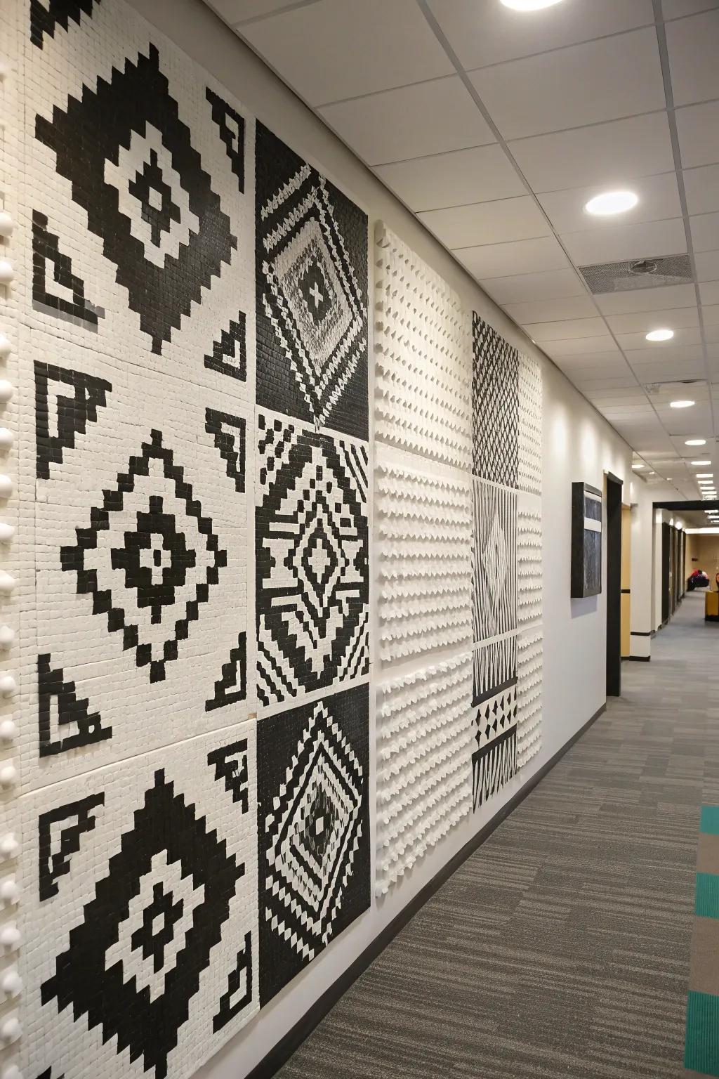 Modern LEGO geometric patterns add sophistication to this office.