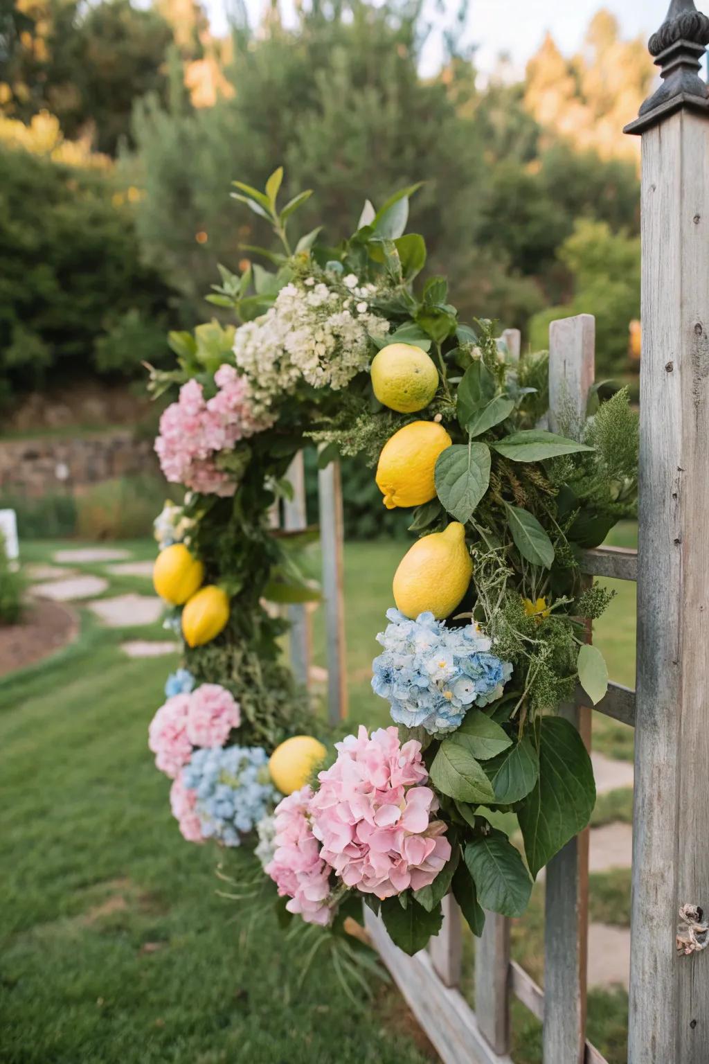 A romantic lemon and hydrangea wreath perfect for special occasions.