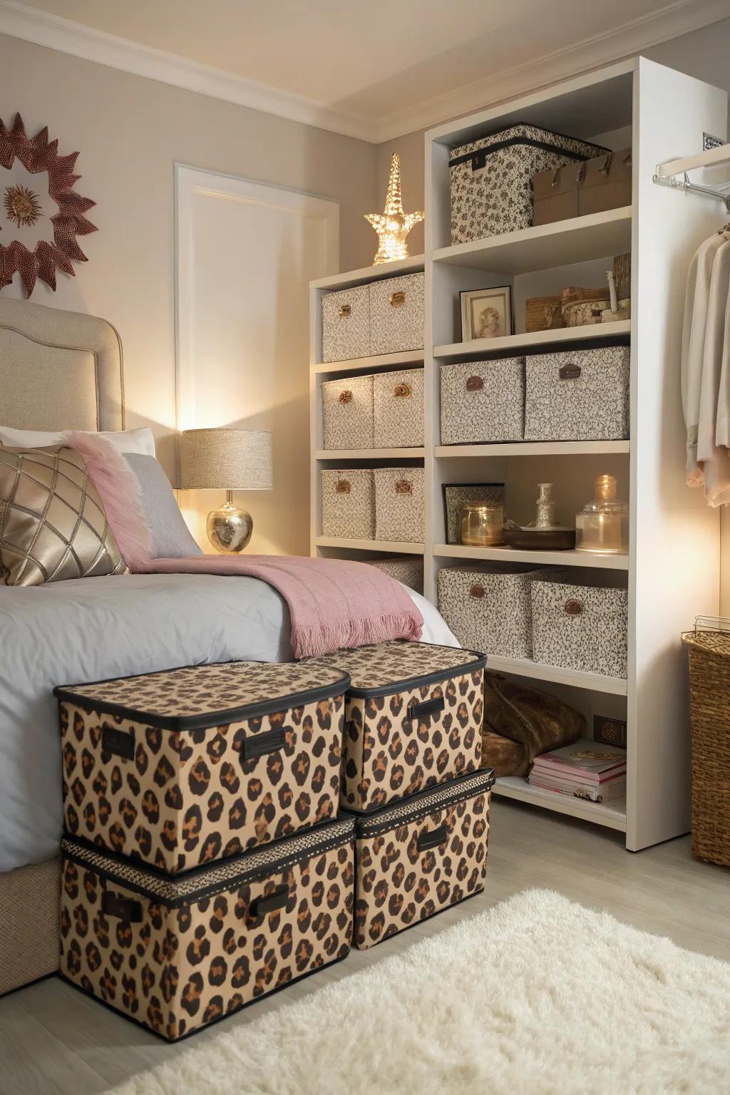 Leopard print storage boxes add a decorative touch while keeping your space tidy.