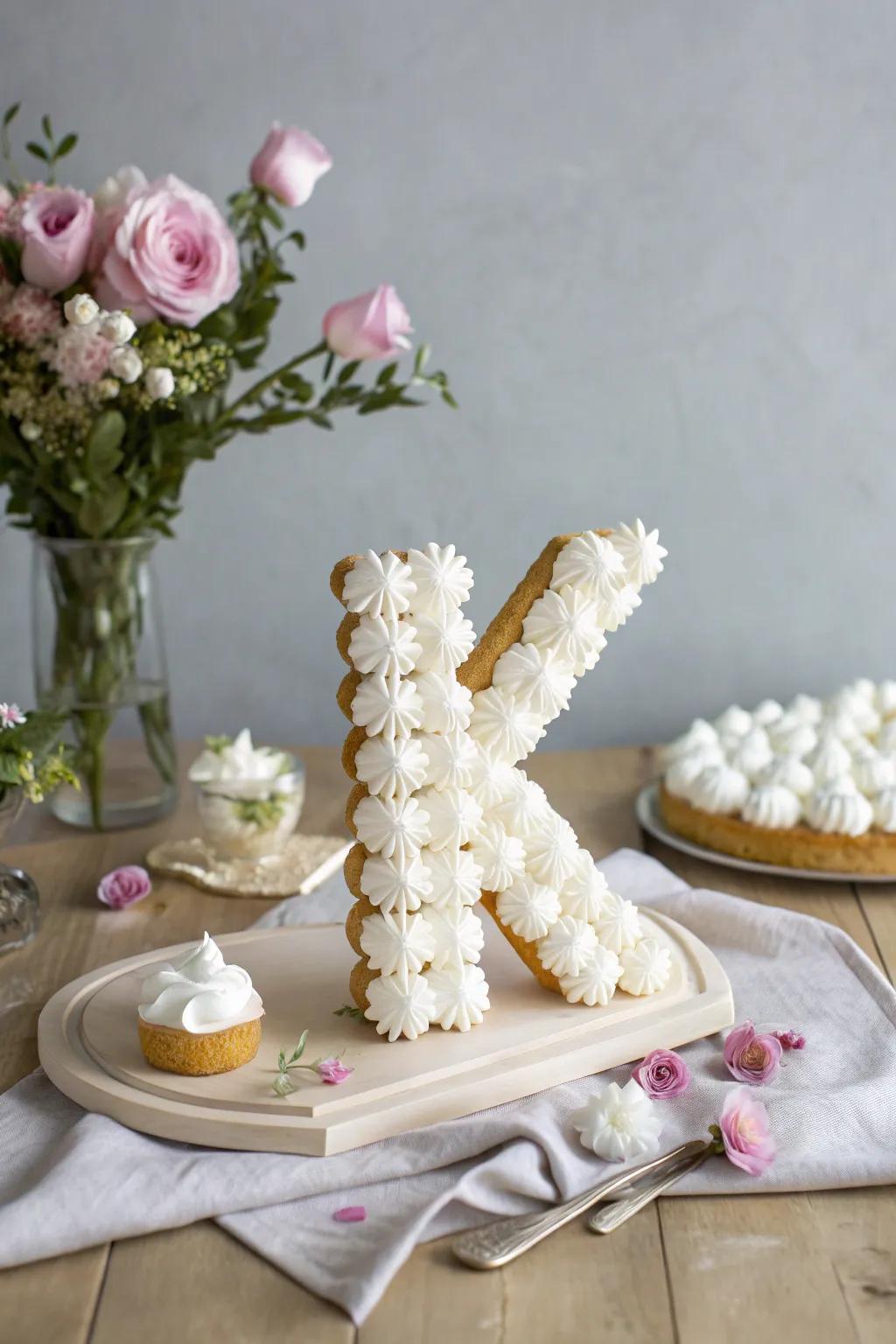 Delight in the simplicity and elegance of this whimsical whipped cream 'K' cake, a perfect blend of Scandinavian minimalism and boho charm.