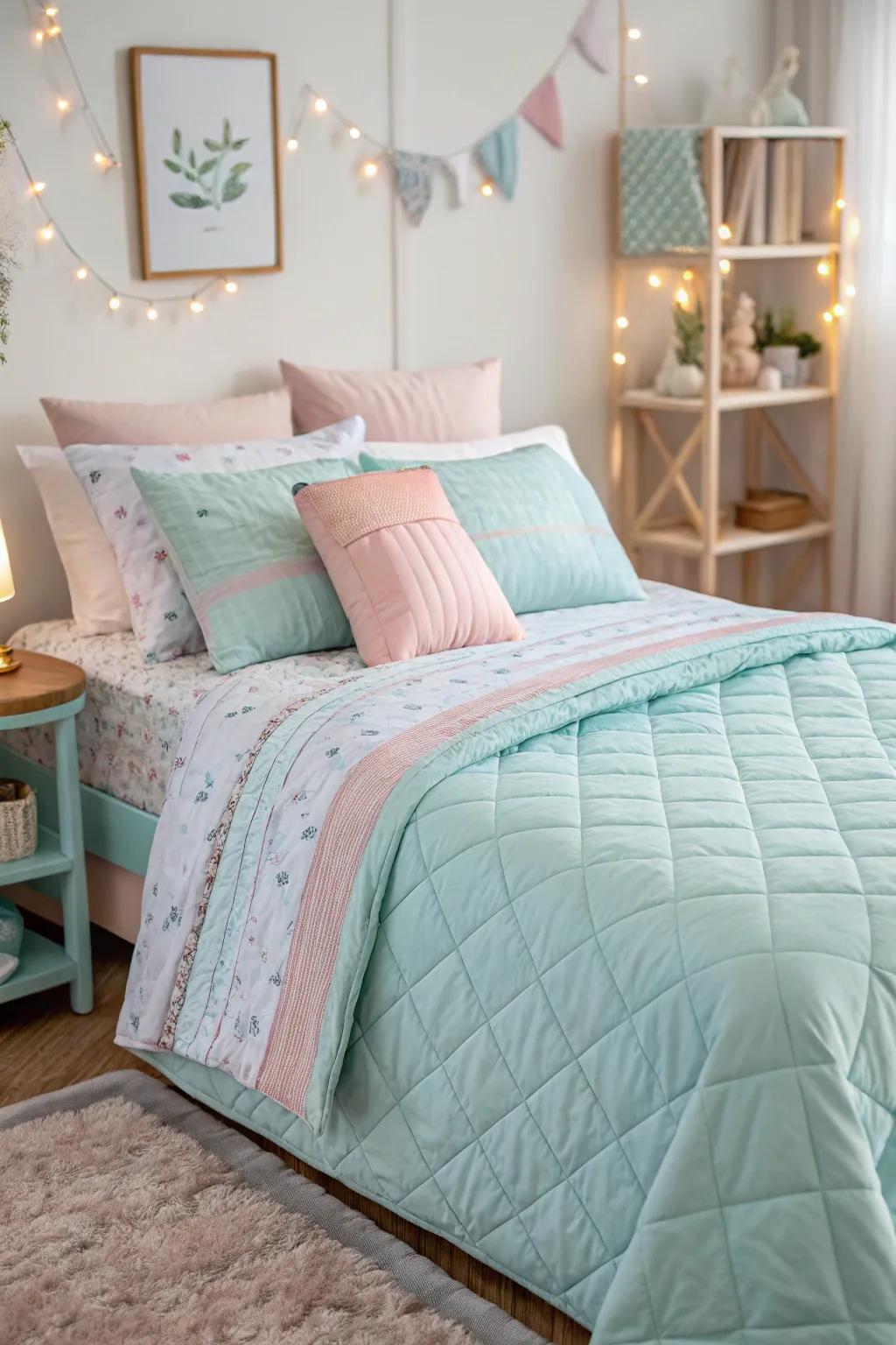 Create a dreamy oasis with a soft pastel palette including light blue.