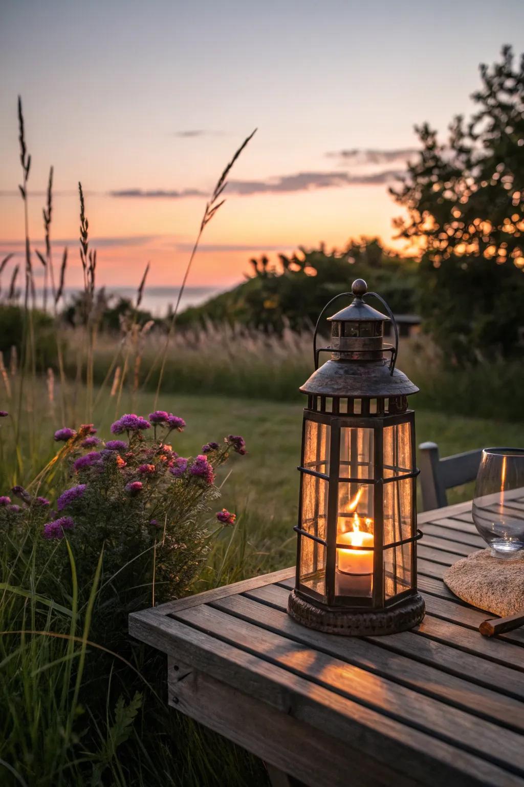 A lighthouse lantern adds ambiance to outdoor spaces