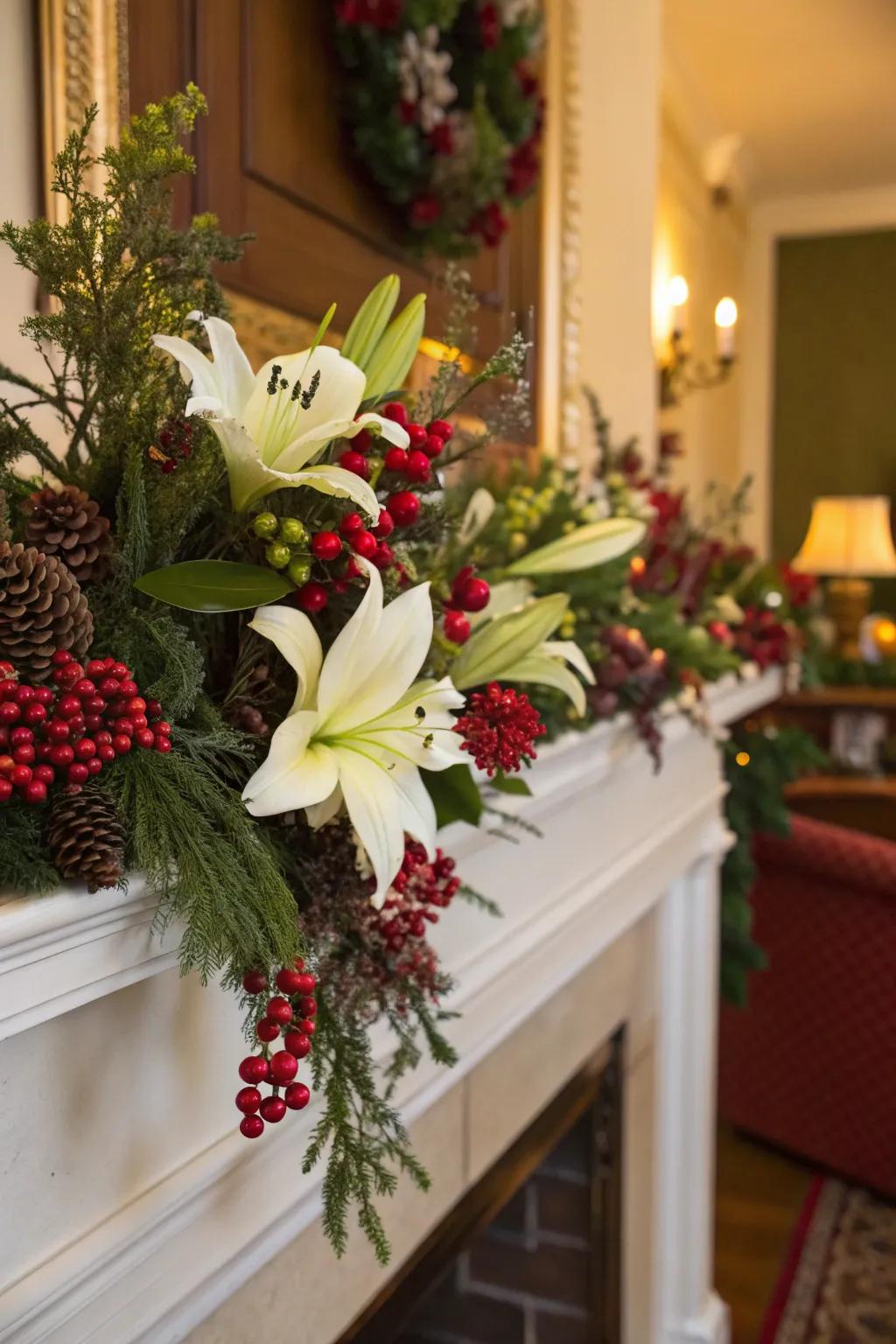 Festive elegance with lilies and berry accents.