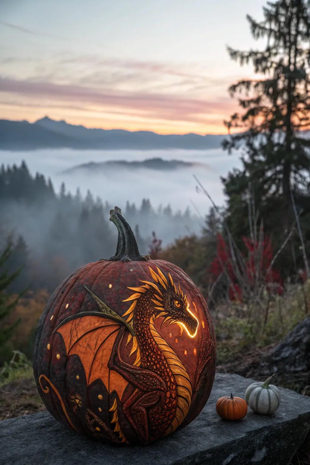 Unleash your imagination with a dragon-themed pumpkin that's full of fire.