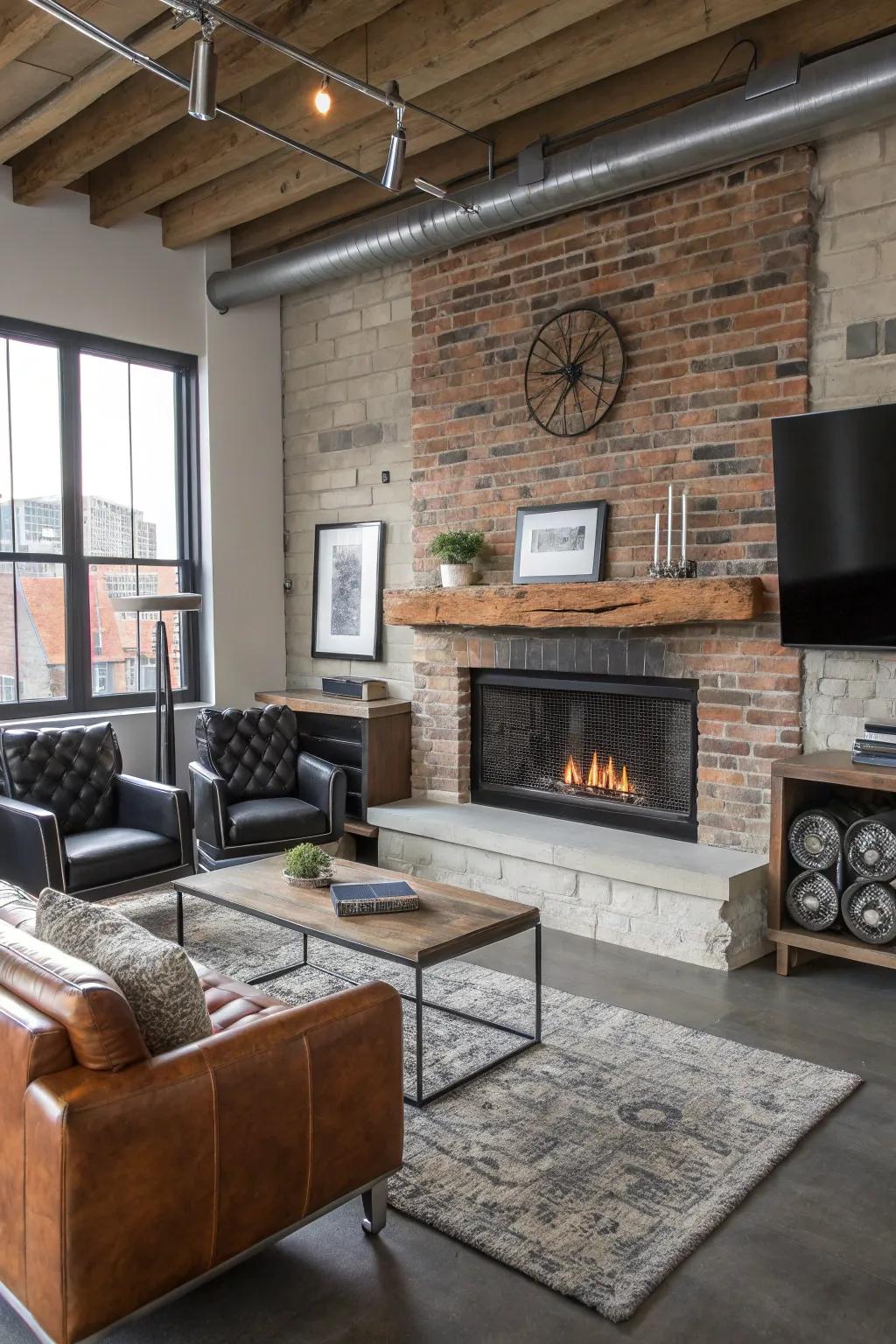 An industrial living room featuring a live edge mantel against an exposed brick fireplace.