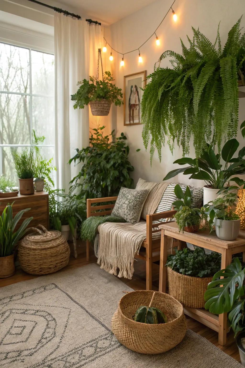 A living room brought to life with lush greenery and natural elements.