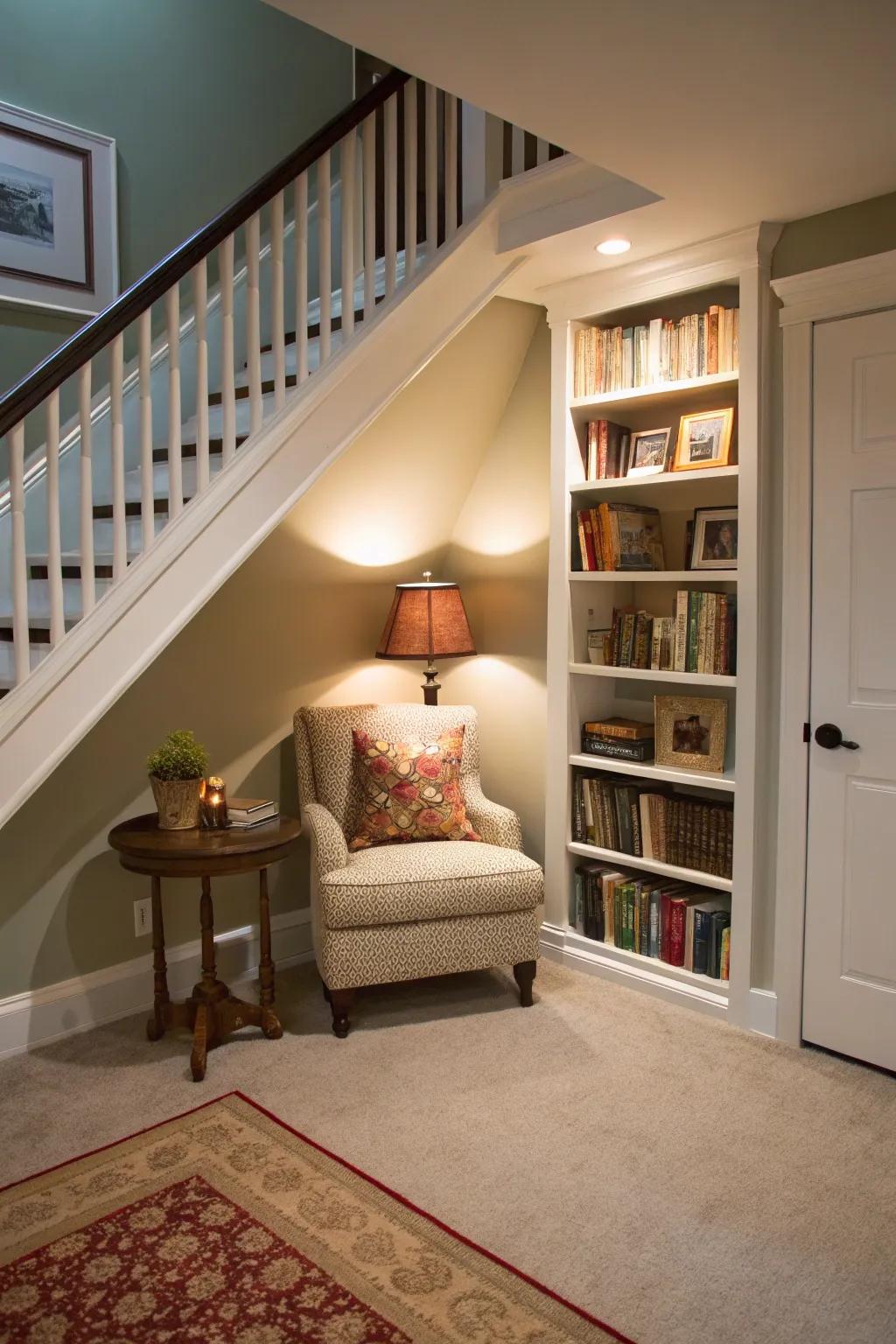 A clever transformation of an under-stair space into a cozy nook.