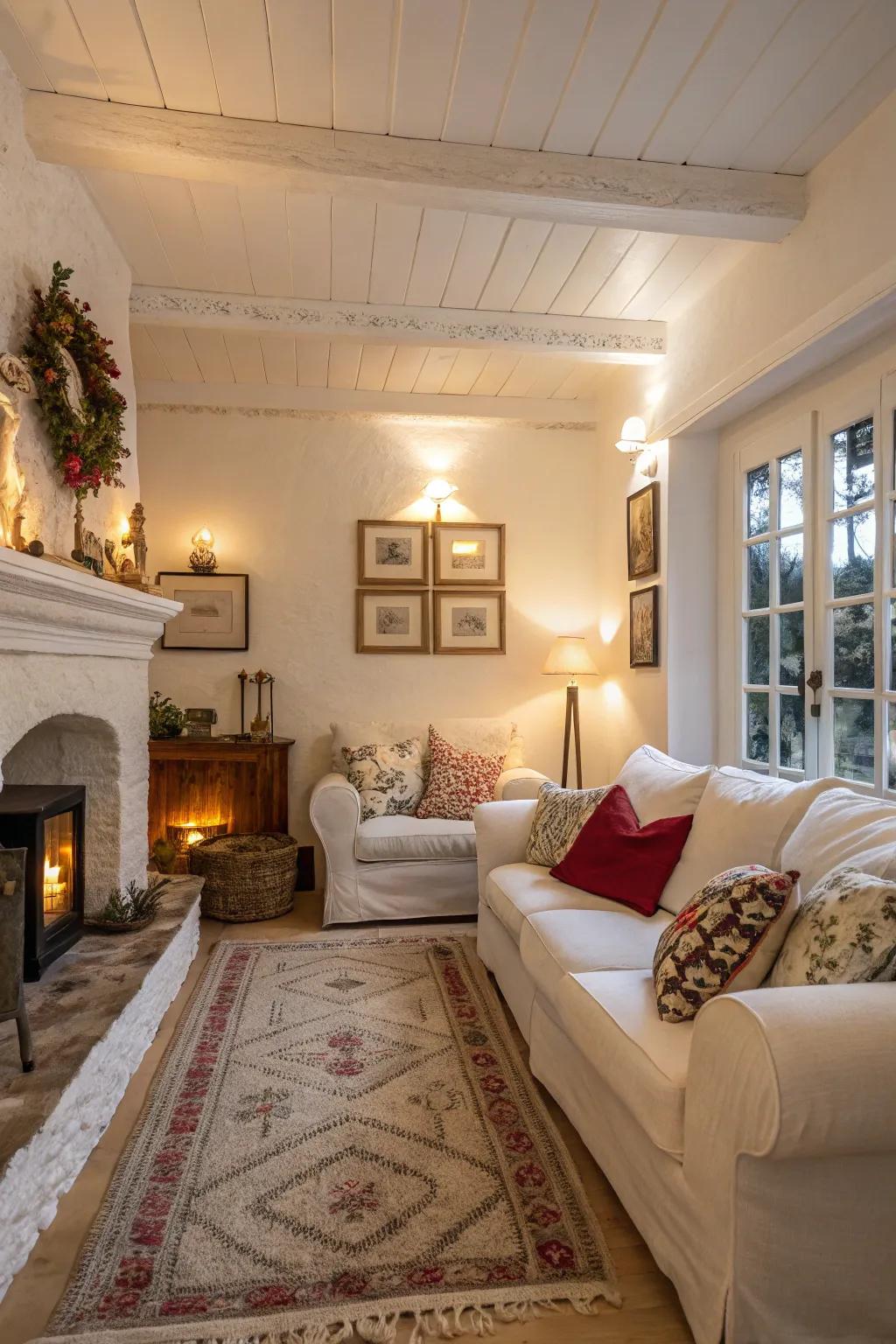 Warm whites offer a cozy glow, creating a comforting living room atmosphere.