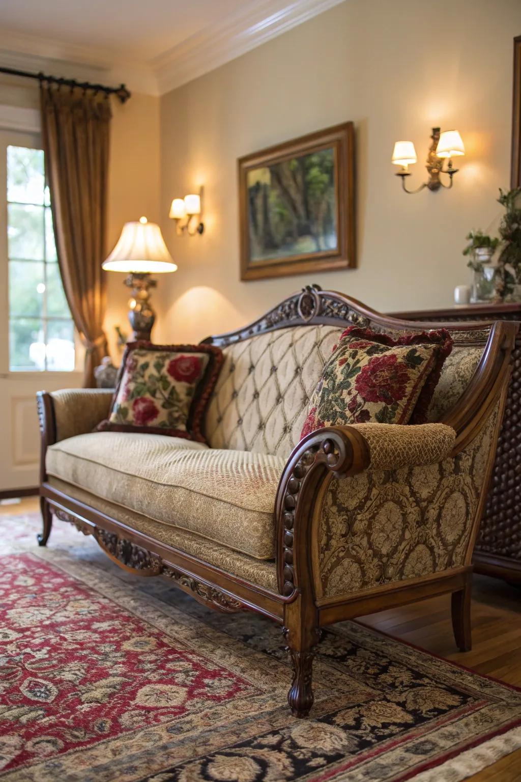 A vintage settee adds elegance and historical charm to the room.