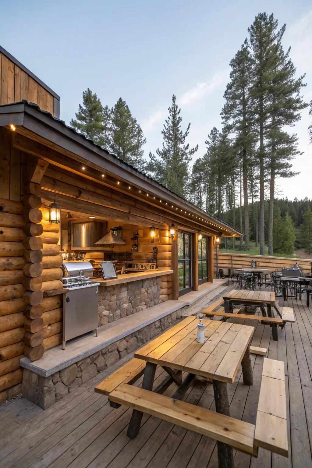 A built-in grill makes this log cabin bar perfect for entertaining.