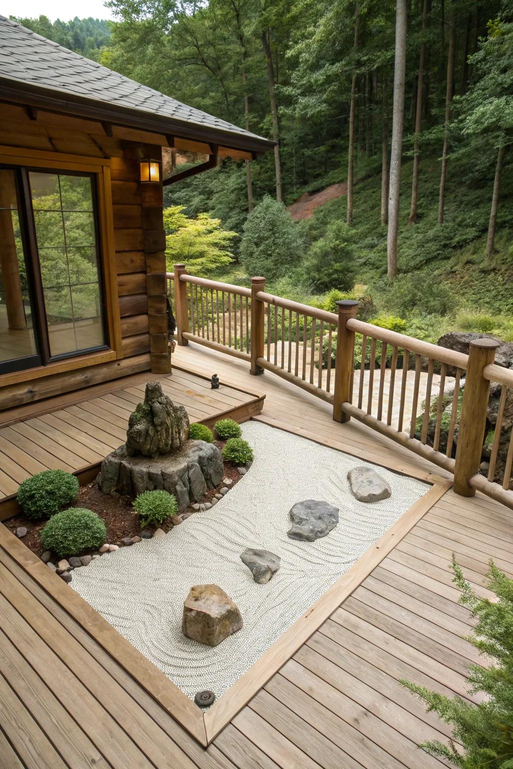 A tranquil Zen garden corner on a log cabin deck.