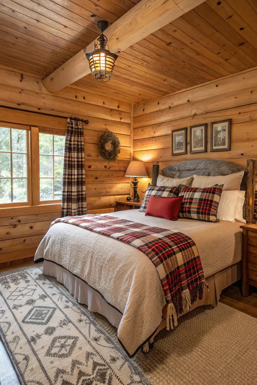 Mixed wood tones add depth and interest to this cozy log cabin bedroom.