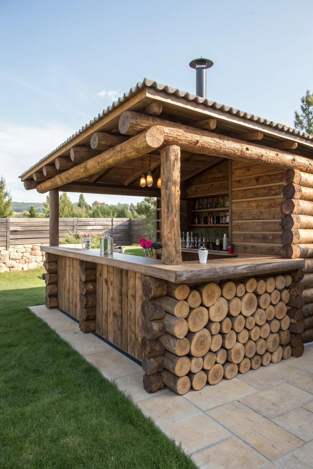 Elevate your backyard BBQ with a stunning log-crafted outdoor bar – where rustic charm meets masterful craftsmanship.