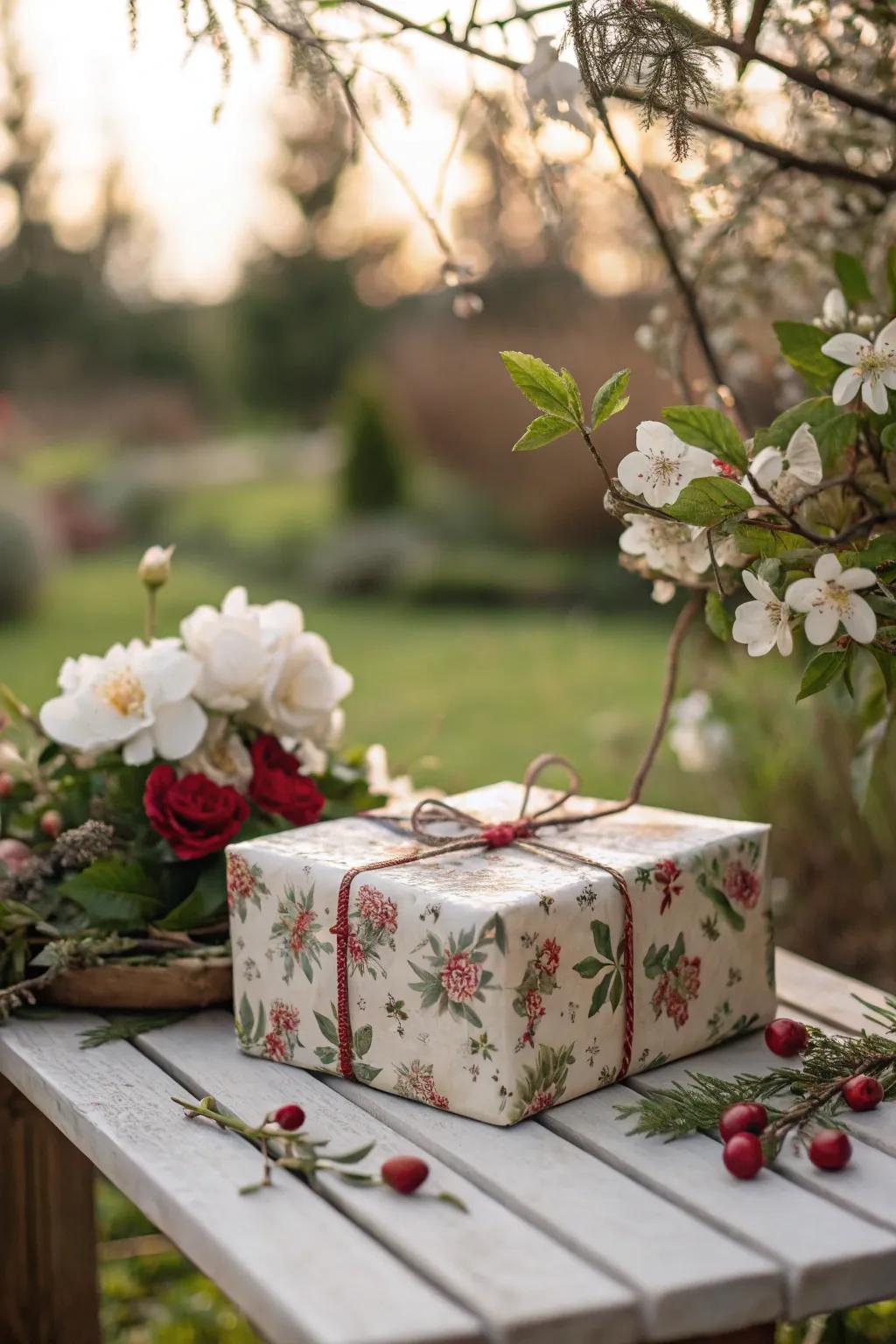 Floral accents bring a romantic and whimsical touch to gift wrapping.