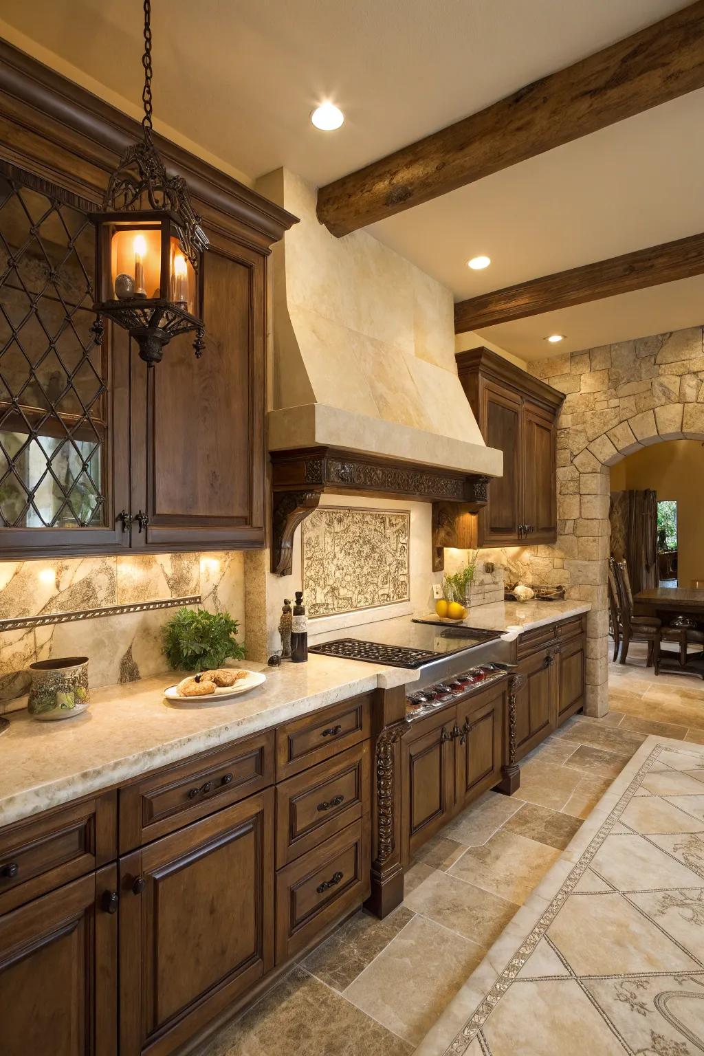 A warm kitchen blending earthy tones with marble.