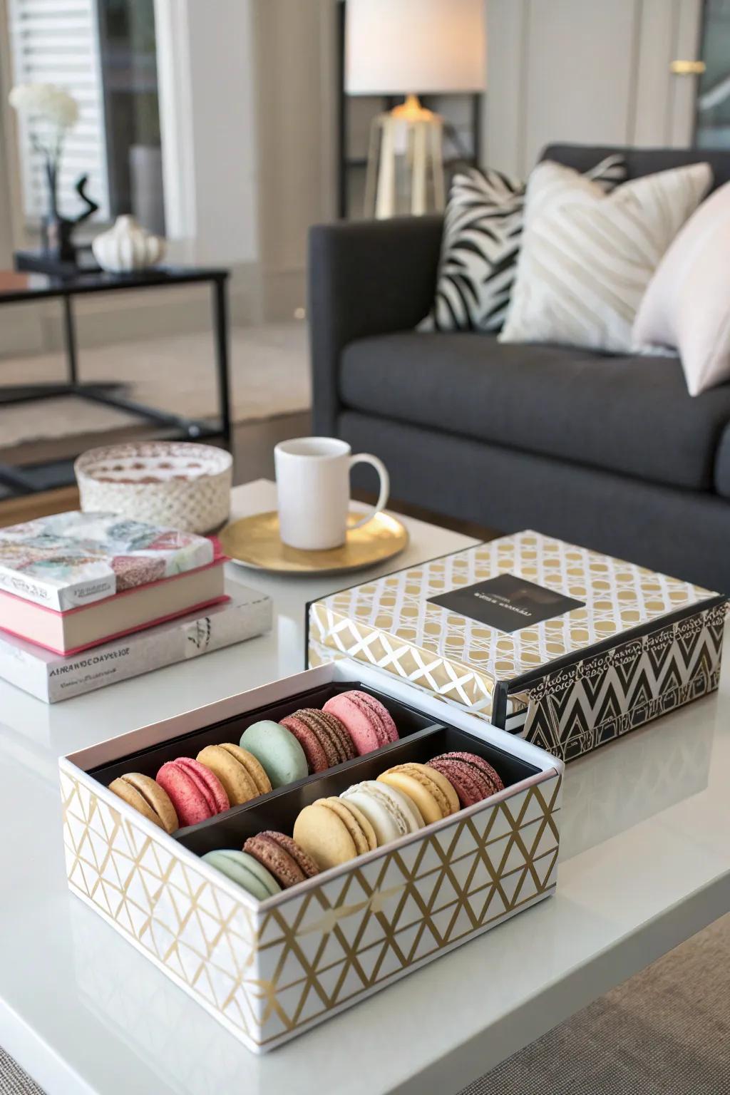 Stylish and trendy macaron packaging with fashionable prints.