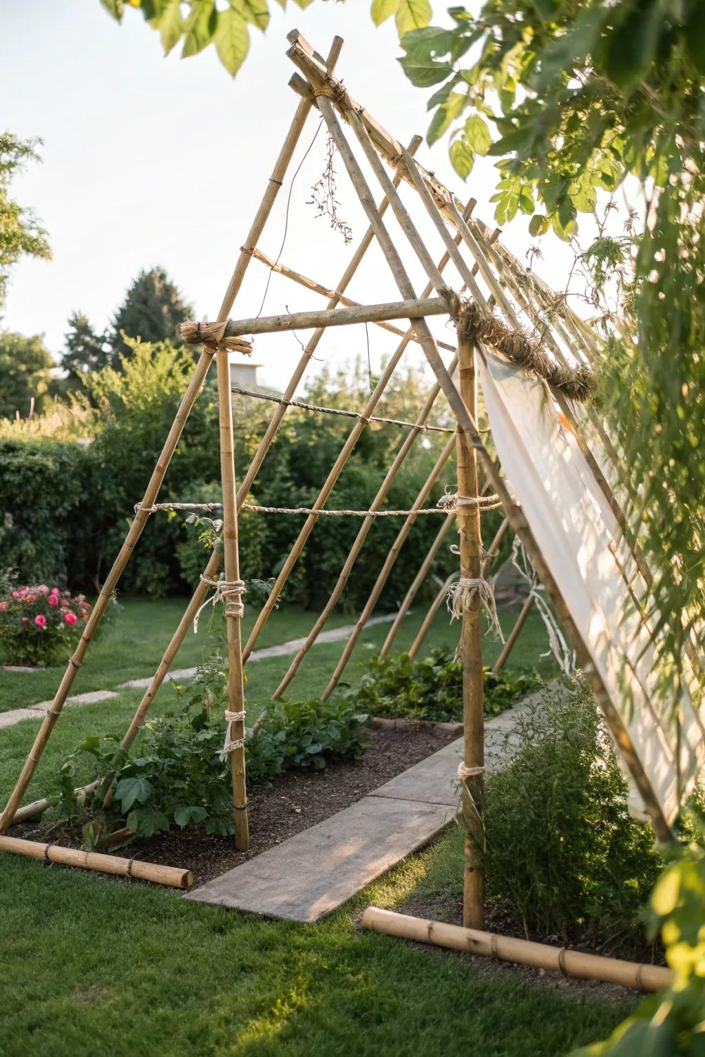 Embrace nature with a bamboo and twine greenhouse—where simplicity meets elegance.