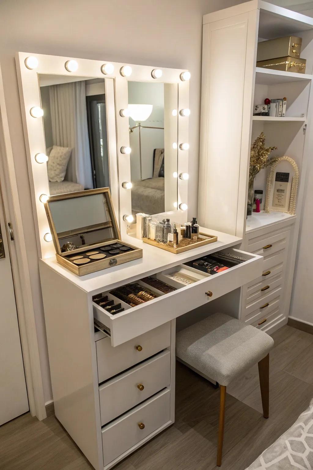 Hidden storage keeps your vanity area neat and organized.