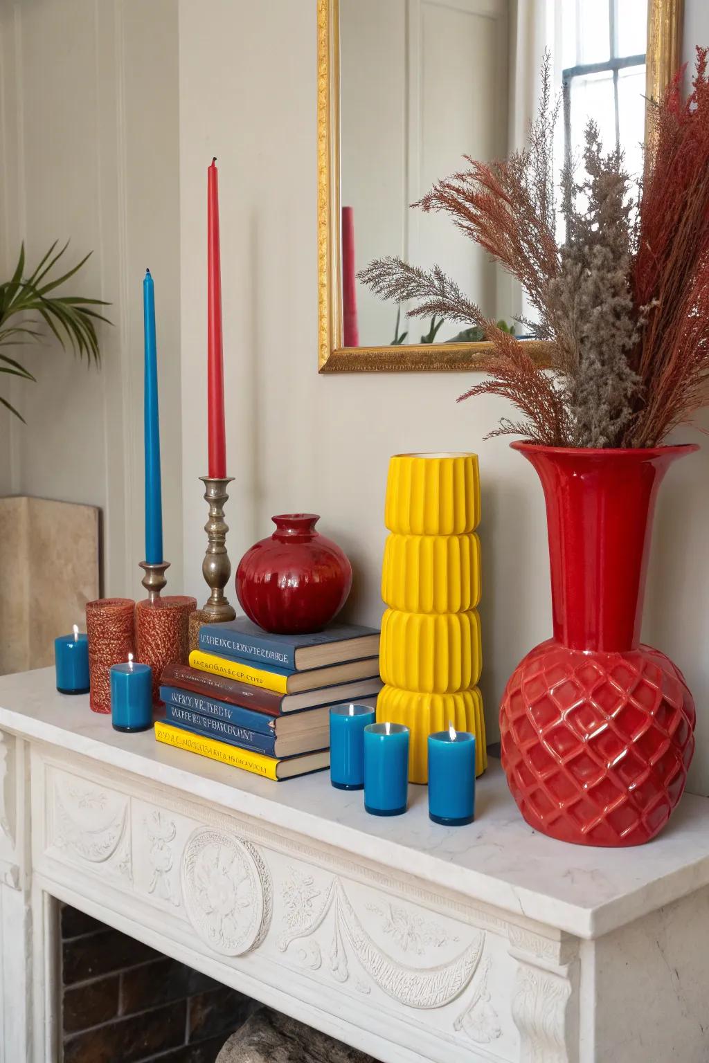 A mantel with bold-colored decor items for a striking look.