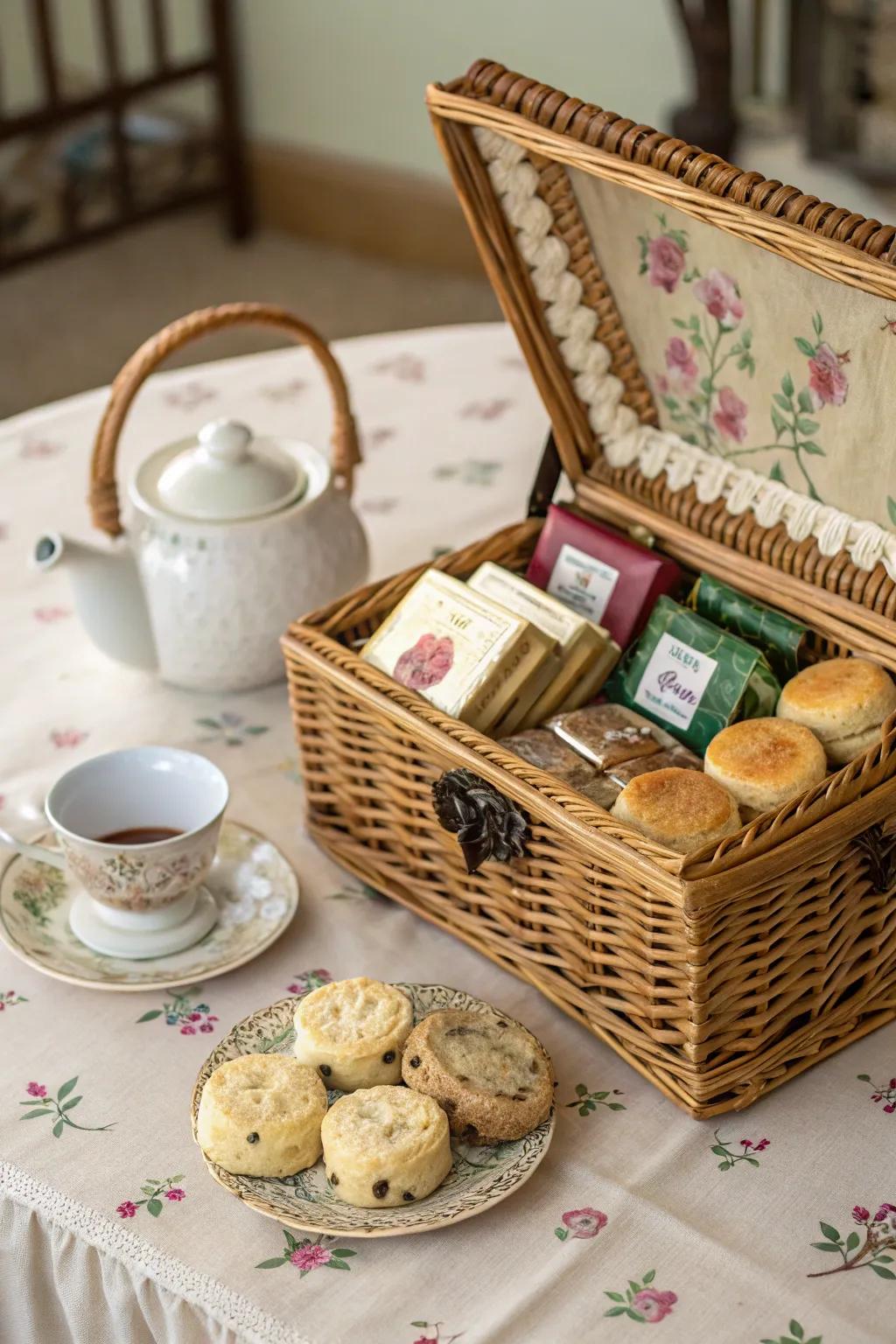 Tea time elegance with this vintage-themed basket.