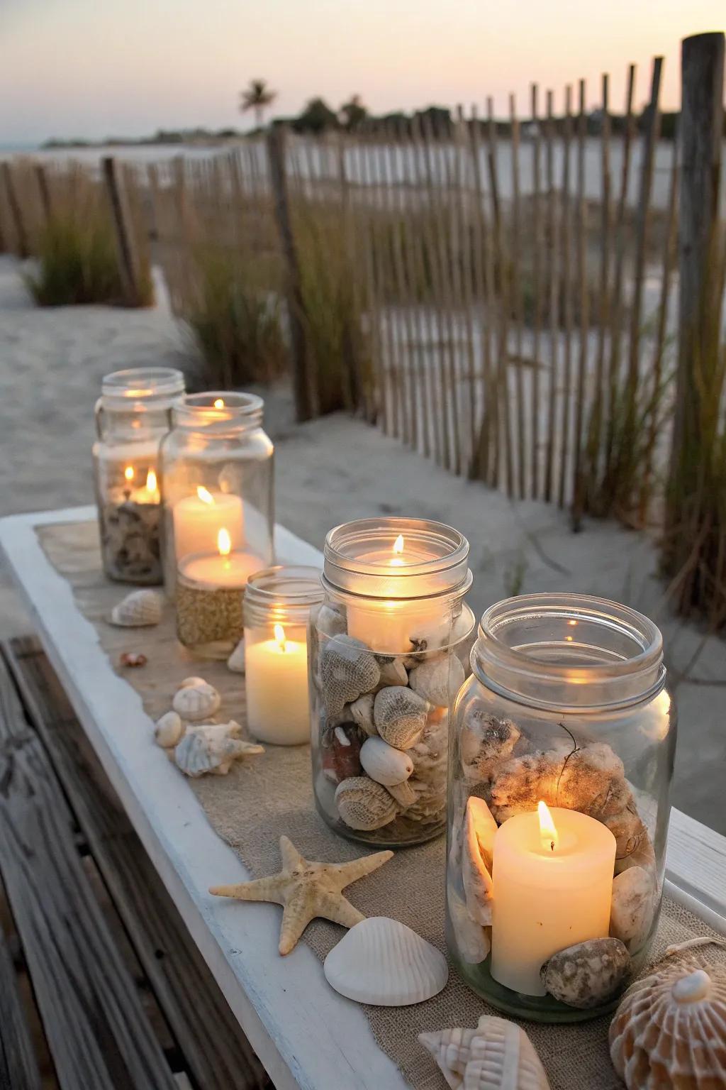 Seashells and candles in mason jars evoke a serene beach atmosphere.