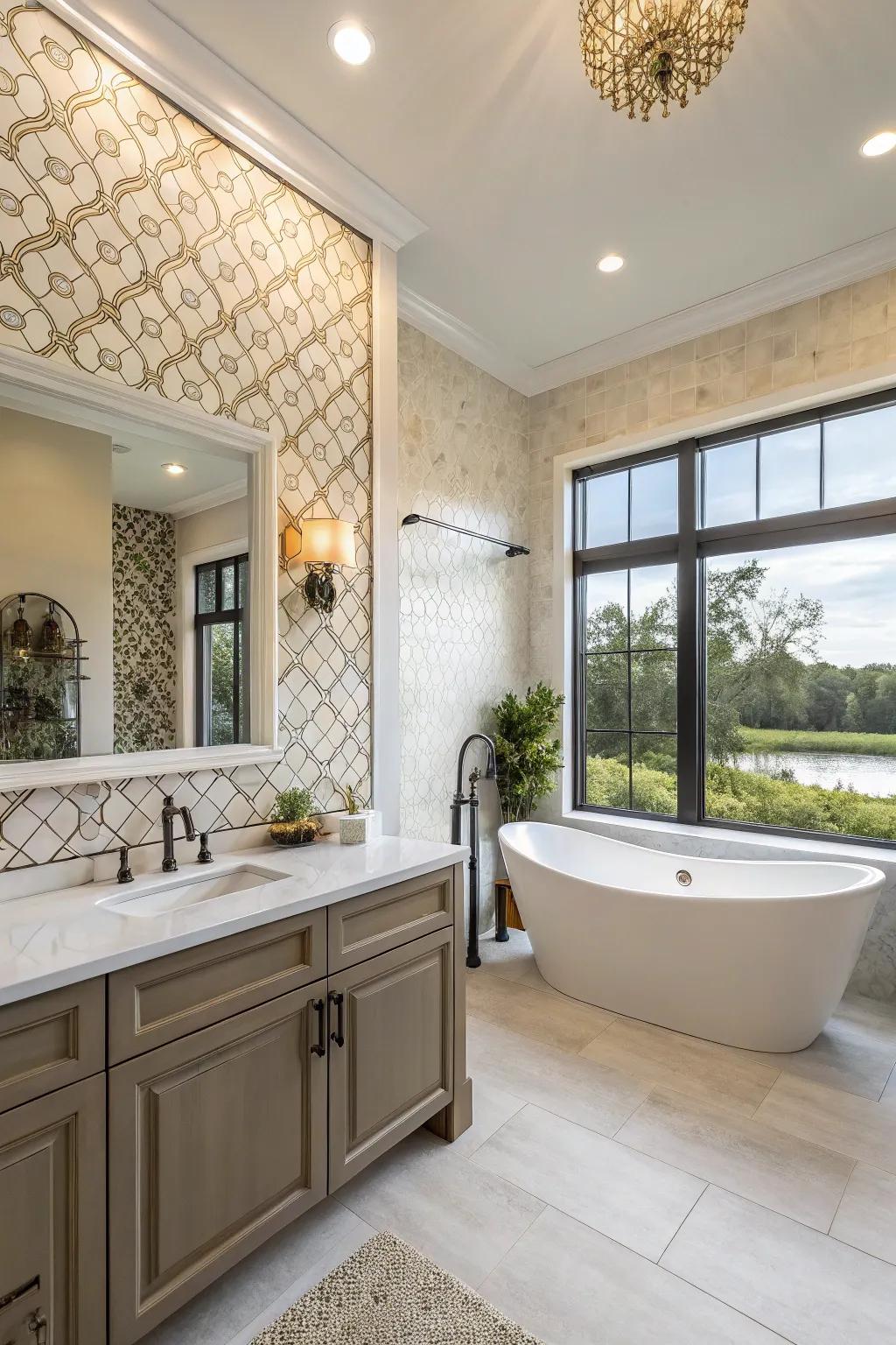 An accent wall adds personality and visual interest to this bathroom.