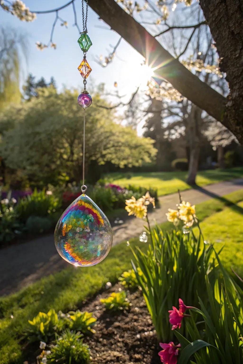 A vibrant suncatcher adds a touch of color and light to the garden.