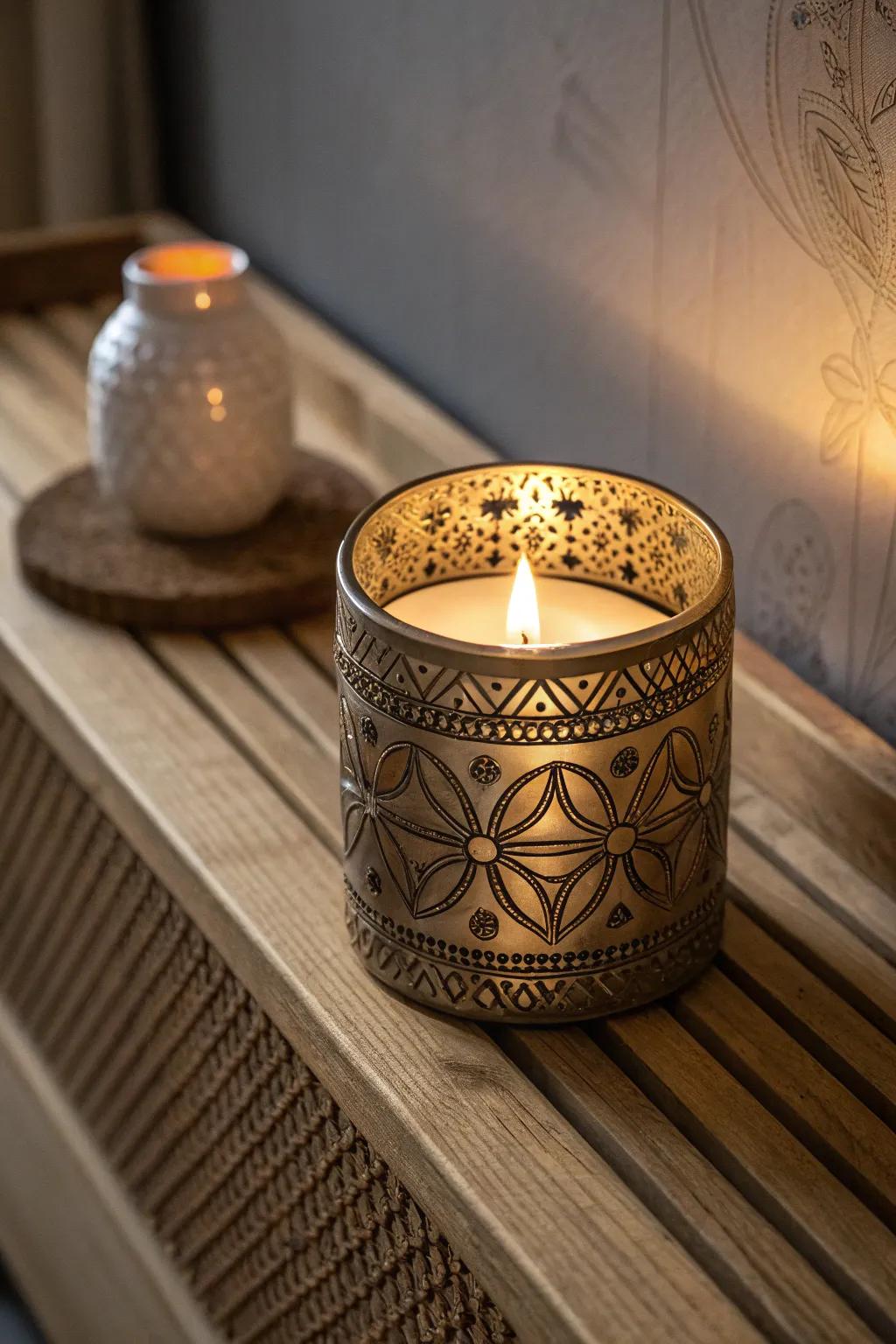 A personalized candle holder that adds warmth and reflection.