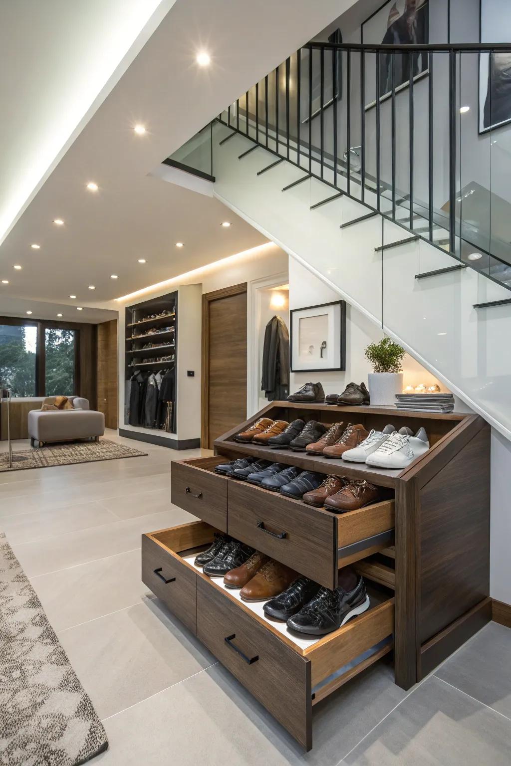 Under-stair storage maximizes unused space for shoe organization.