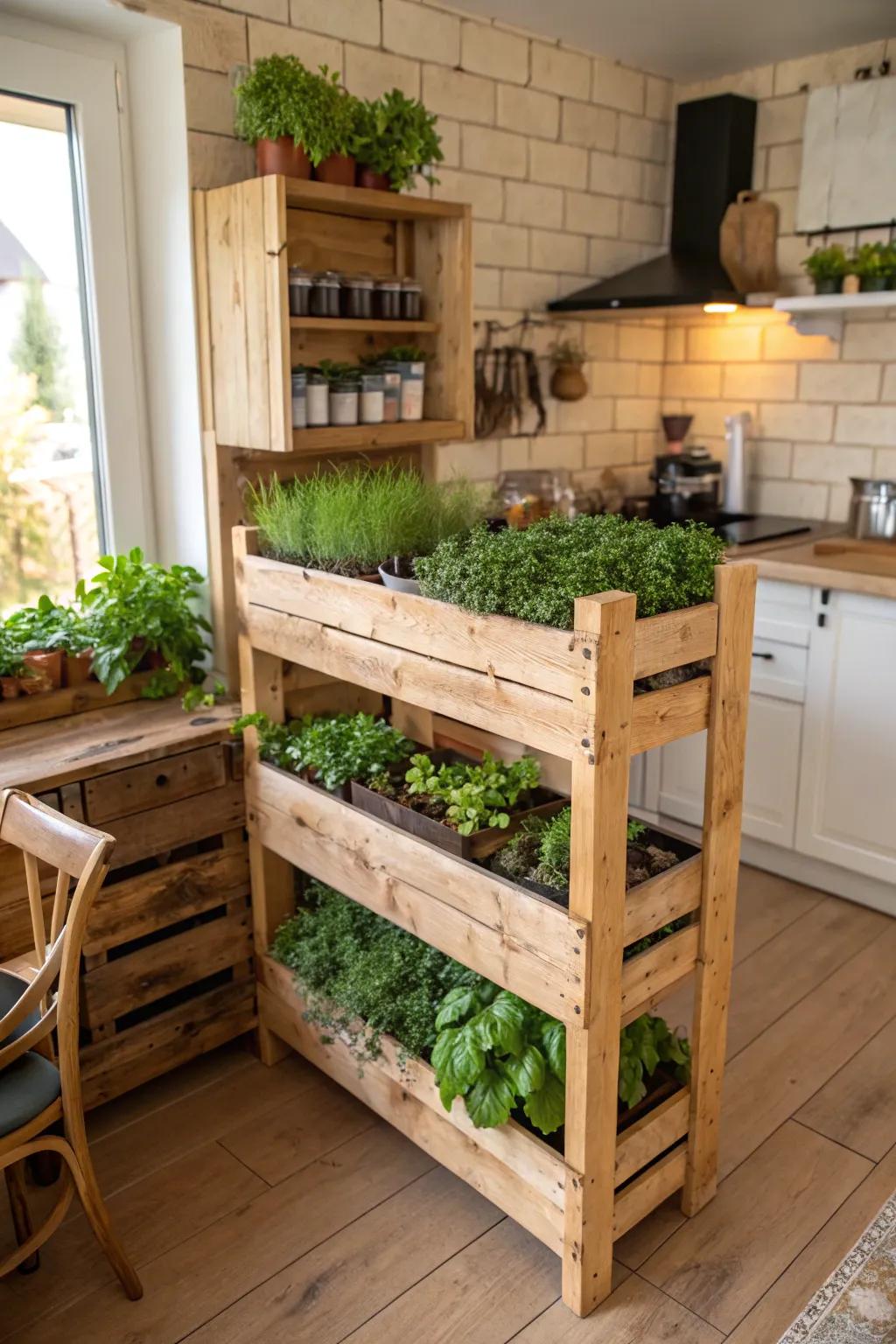 Rustic and space-saving: Repurposed wood pallet for vertical microgreen gardening.