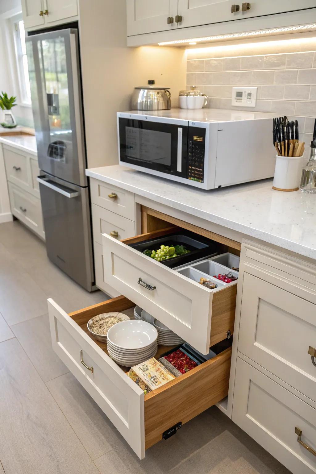 A convenient pull-out drawer for easy microwave access.