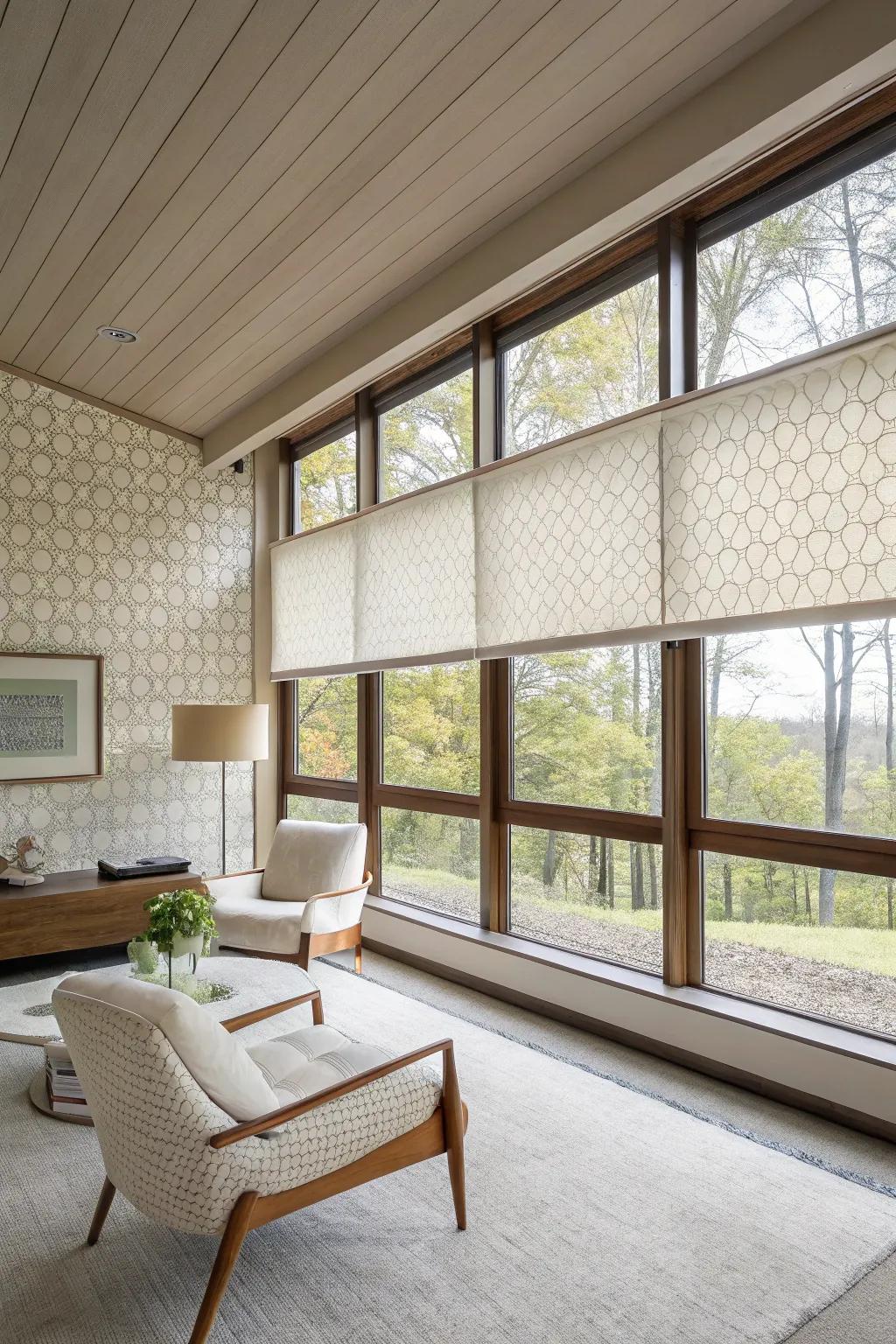 Minimalist solar shades reduce glare while maintaining a clean look.