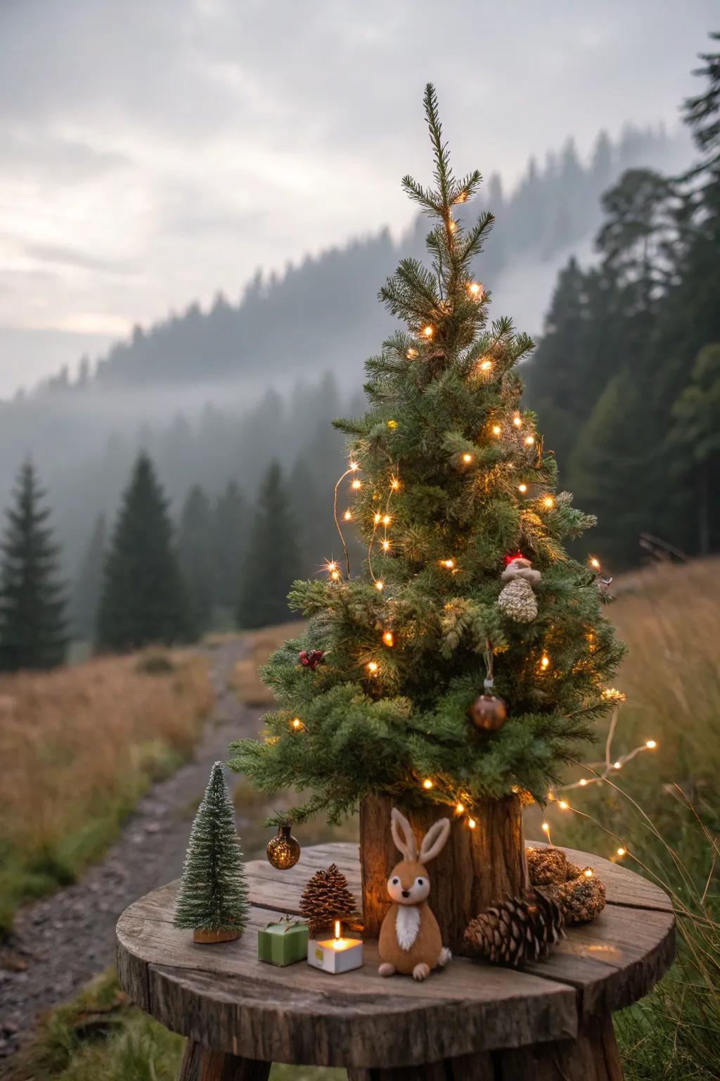 A woodland creature-themed mini Christmas tree.